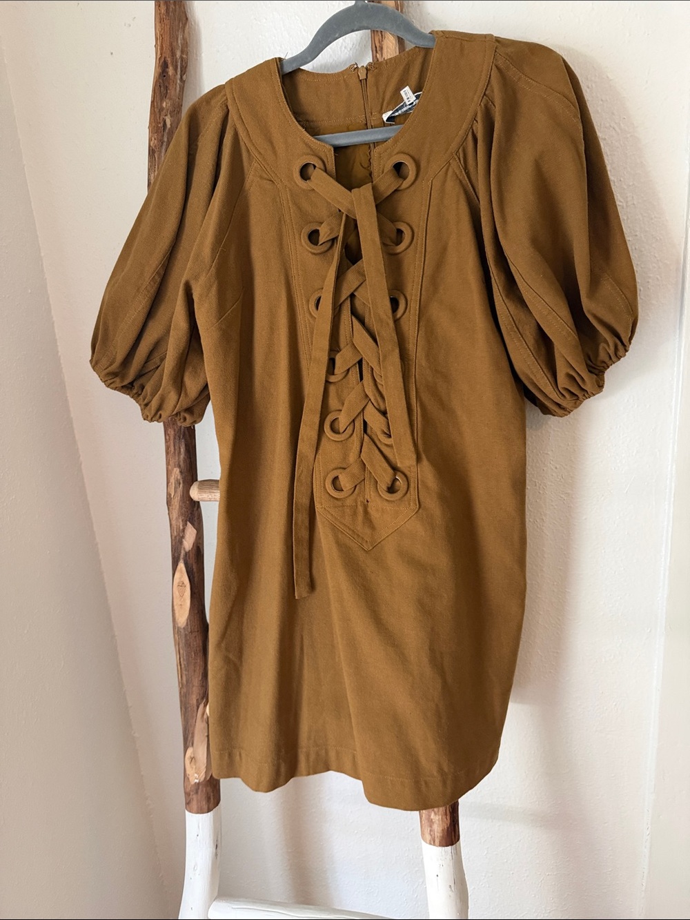 English Factory Brown Lace-Up Puff Sleeve Mini Cotton Shift Dress Large